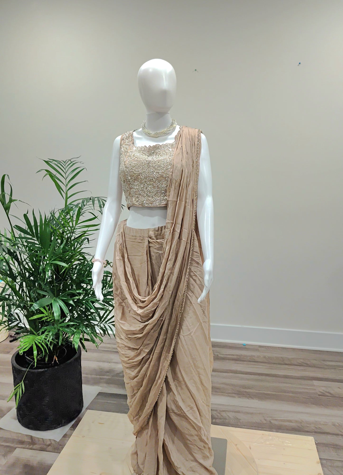 Beige Pure Fabric Ready-to-Wear Saree with Belt | Cut Dana Work