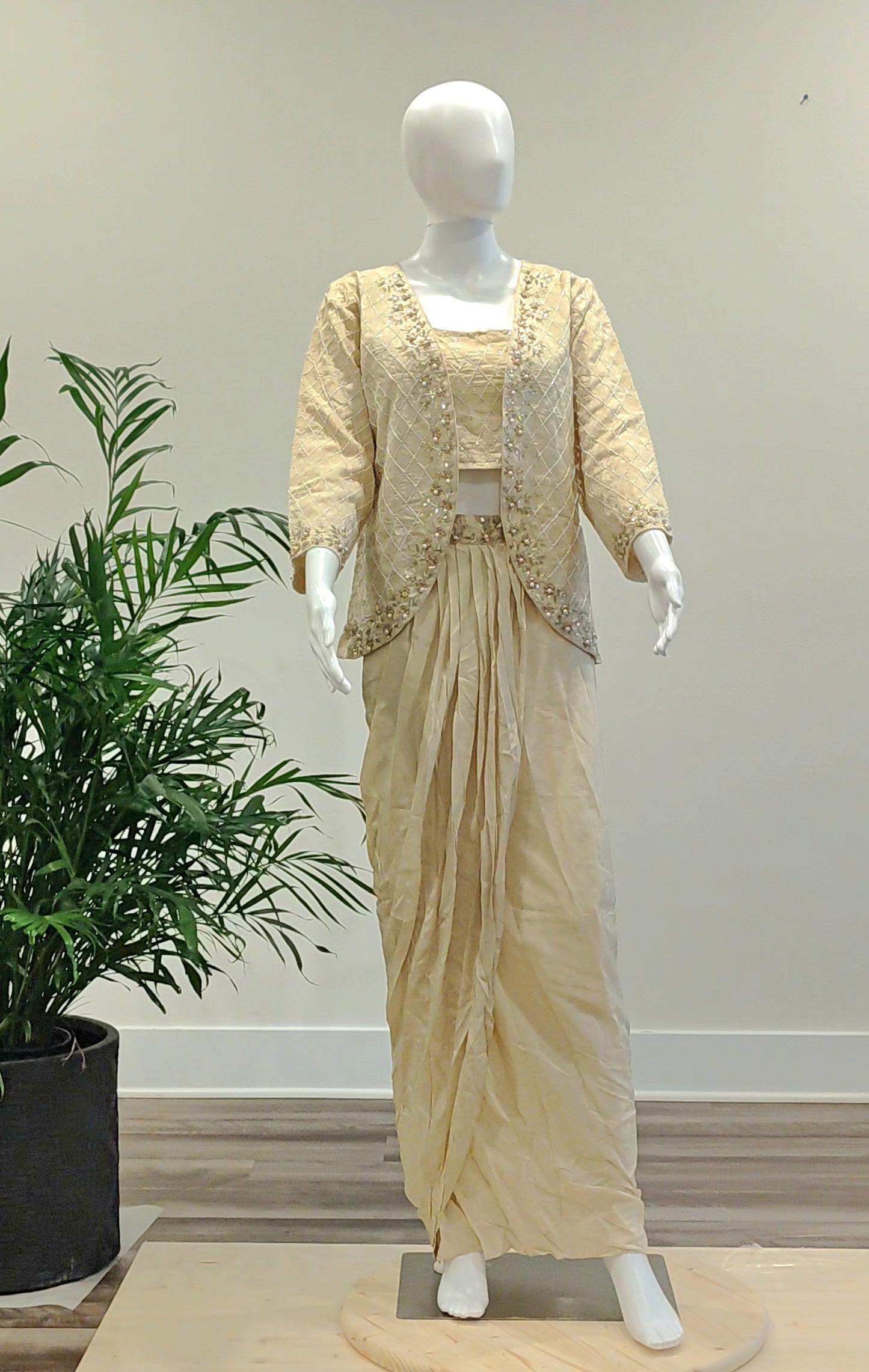 Beige Crepe Silk Dhoti Skirt with Crop Top & Jacket | Zardosi & Pearl Work