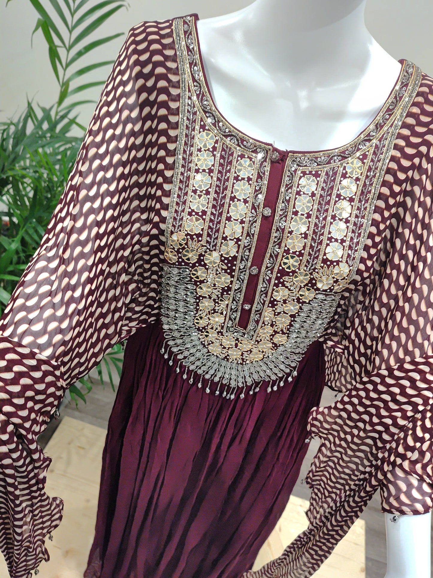 Dark Wine Georgette Long Gown with Falling Sleeves | Gota Patti & Zarkan Work