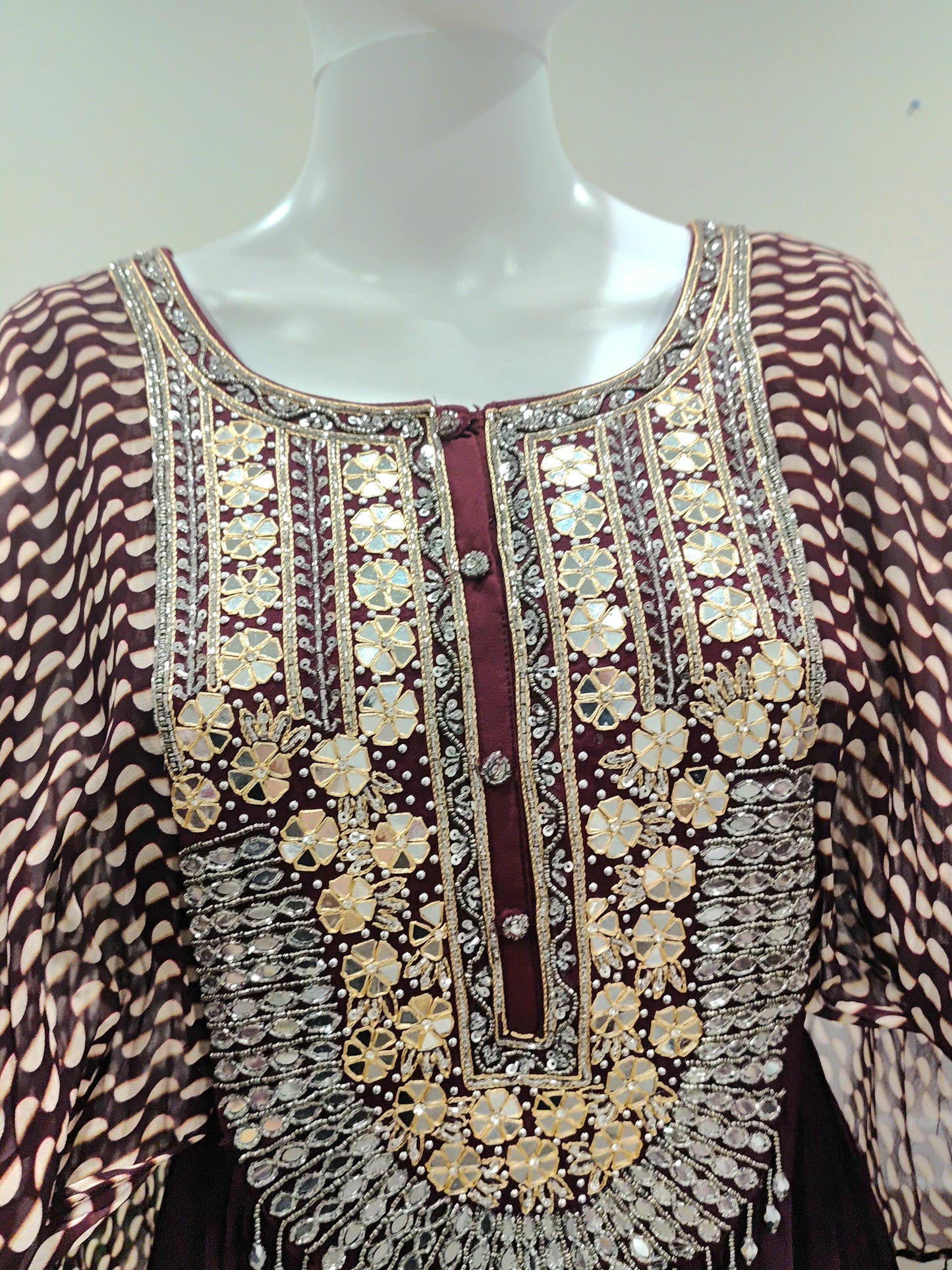 Dark Wine Georgette Long Gown with Falling Sleeves | Gota Patti & Zarkan Work