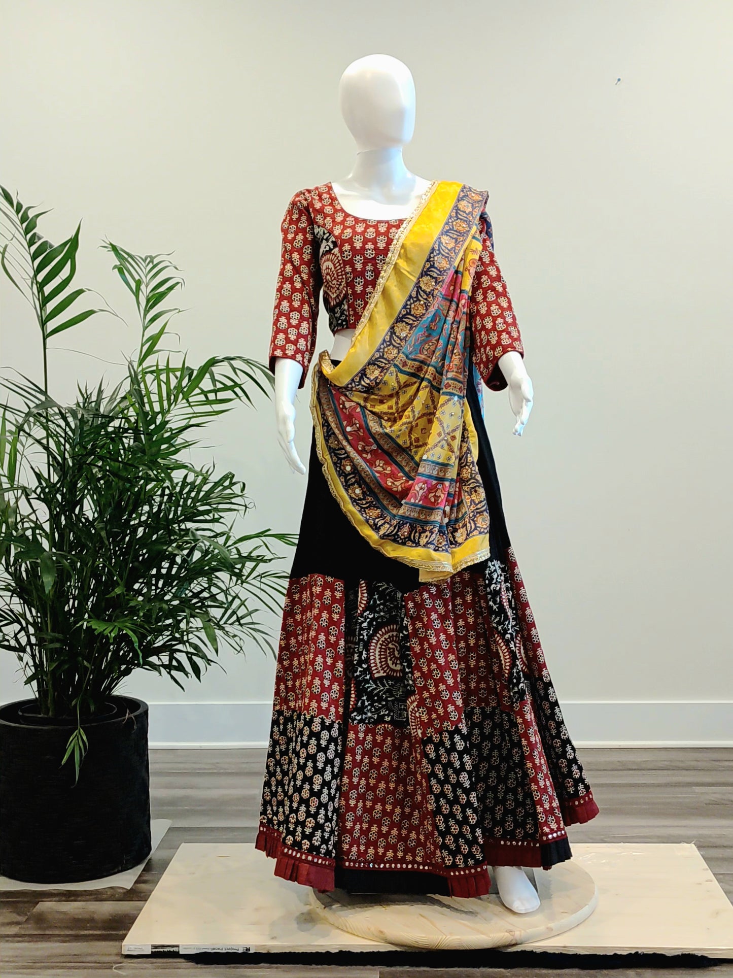 Ajrak Print Chaniya Choli with Mirror Work Dupatta | Black & Maroon