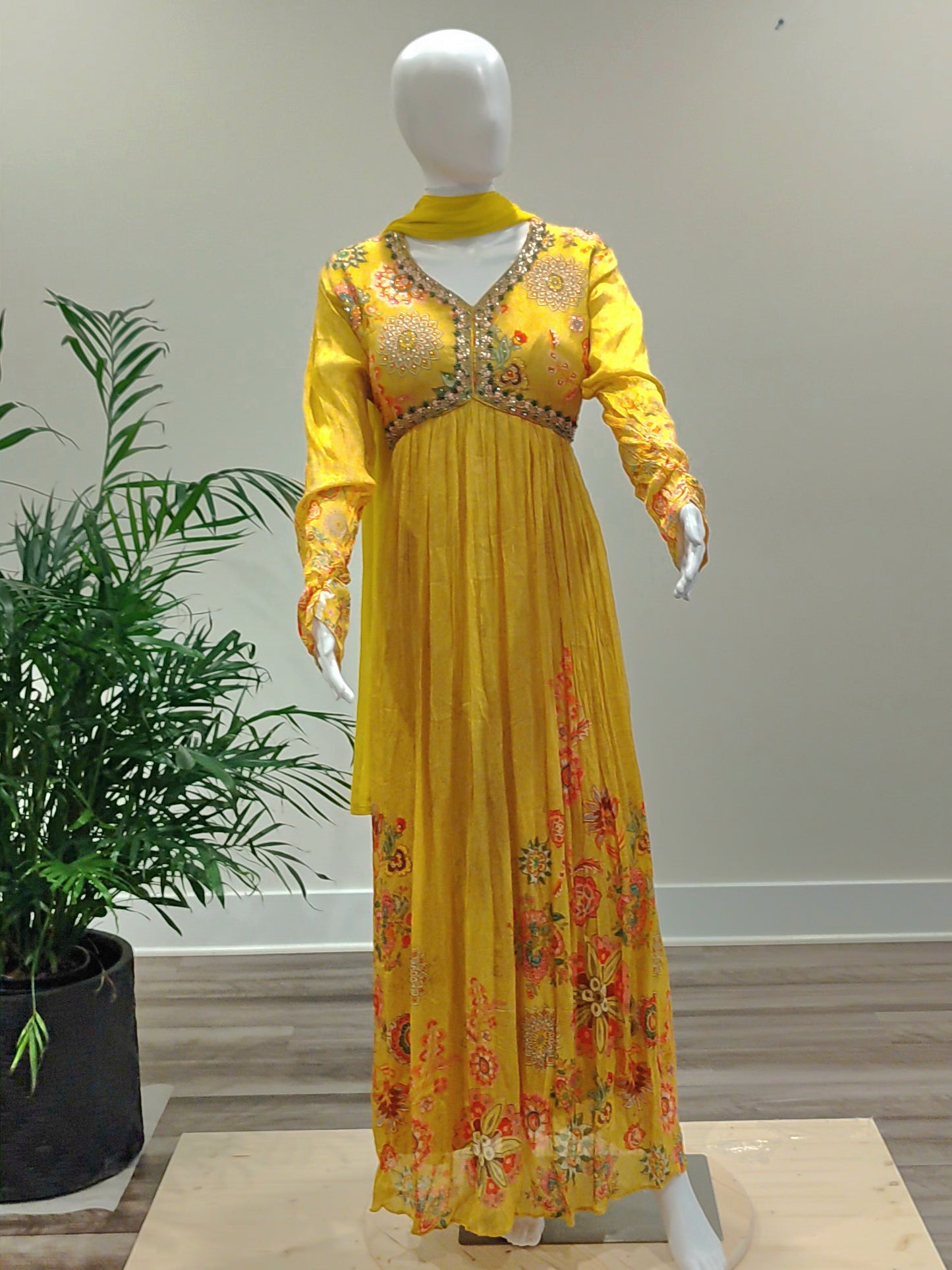 Yellow Floral Chiffon Long Gown with Zarkan Work