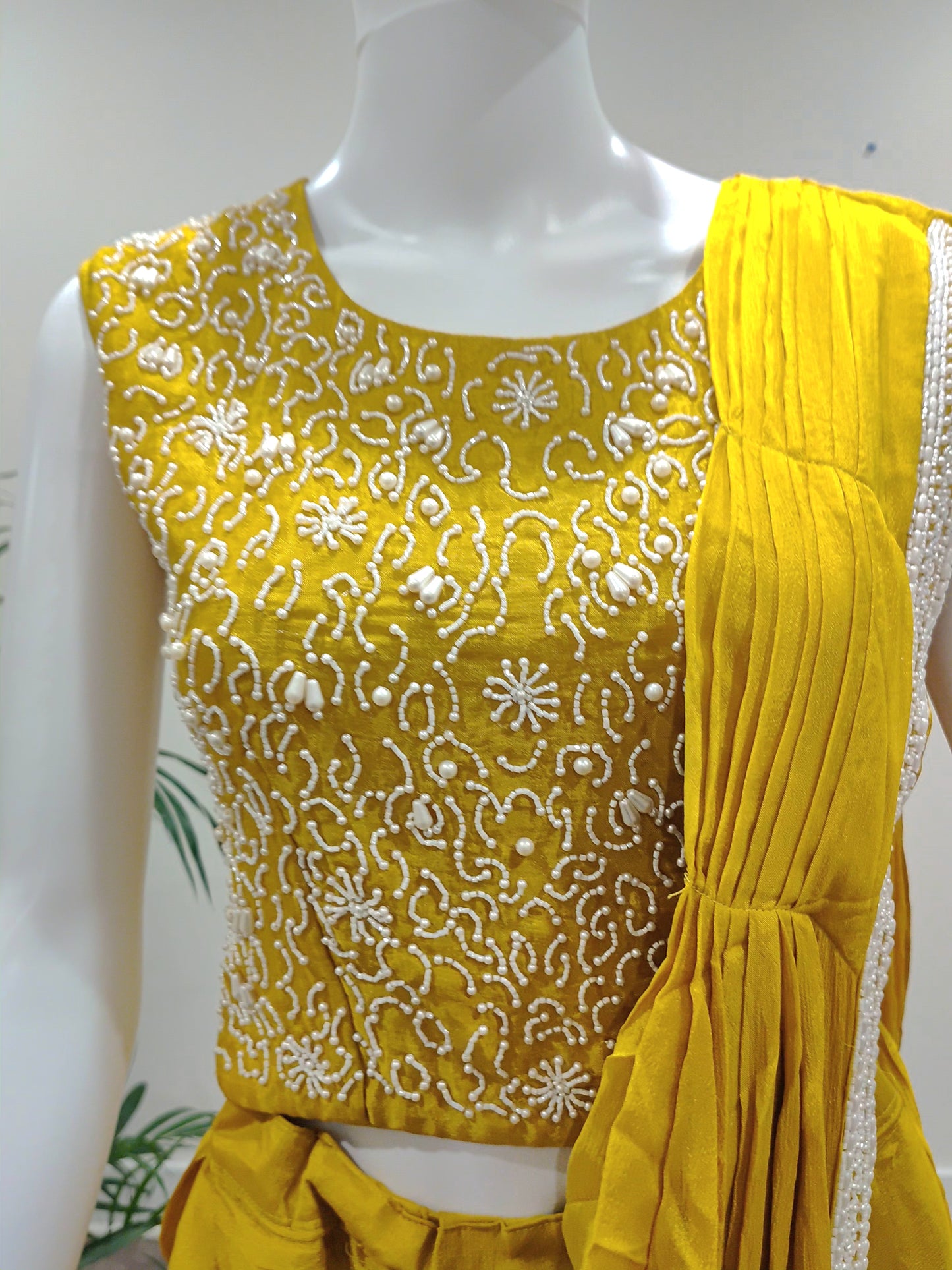 Yellow Organza Ready-to-Wear Saree with Belt & Cape | Pearl Work Detailing