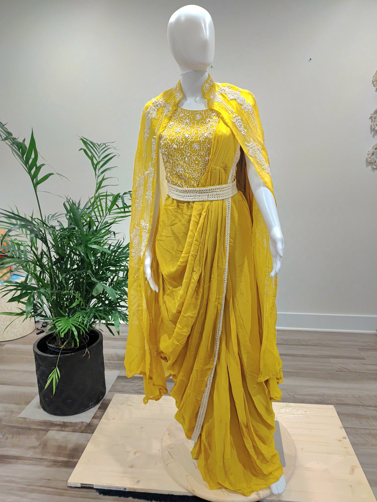 Yellow Organza Ready-to-Wear Saree with Belt & Cape | Pearl Work Detailing