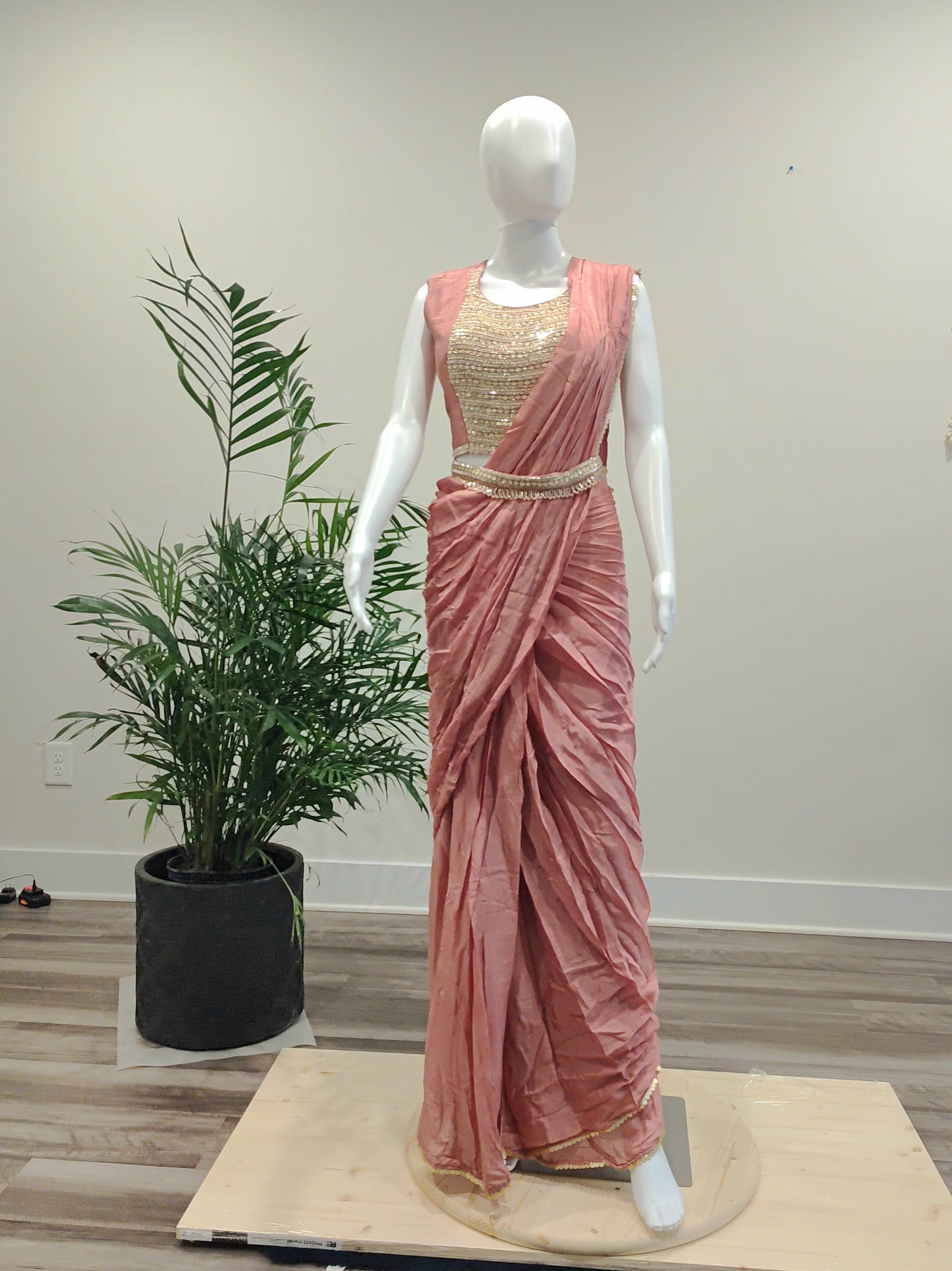 Peach Georgette Ready-to-Wear Saree | Organza Shrug & Zarkan Work