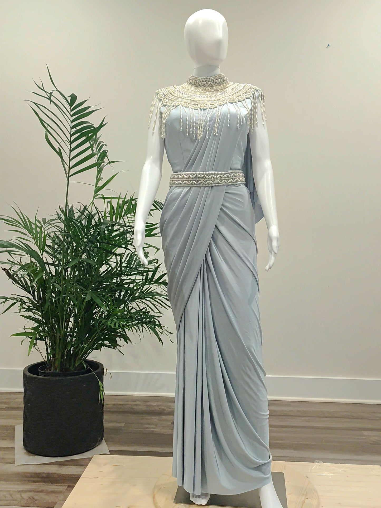 Sky Blue Lycra Ready-to-Wear Saree with Pearl Work Blouse & Belt