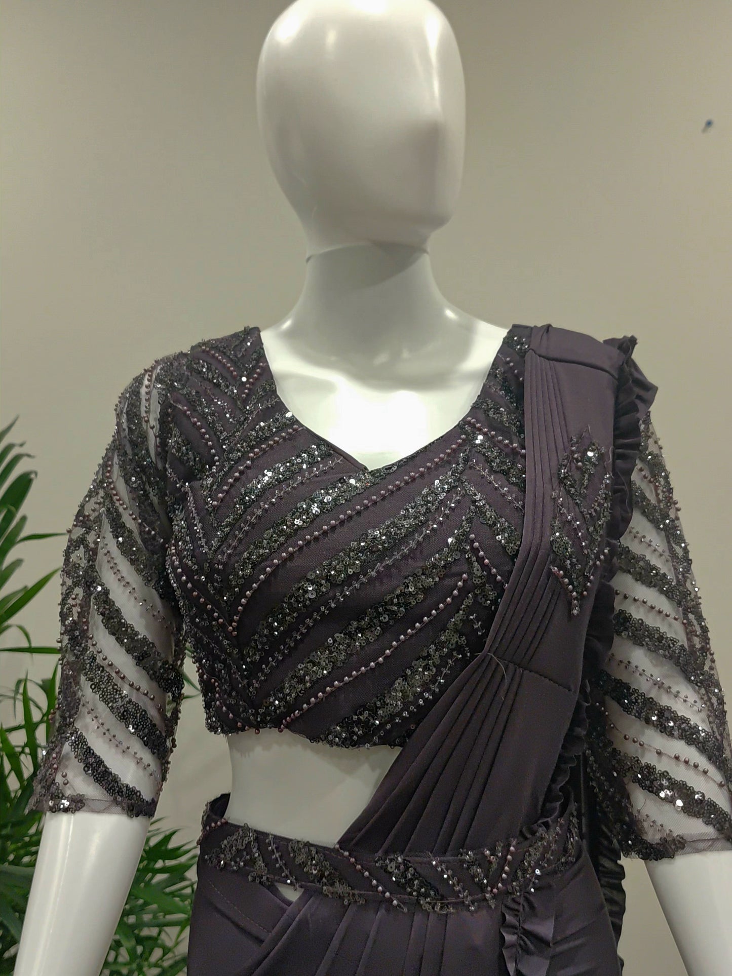 Dark Wine Lycra Ready-to-Wear Saree with Glass Bead Work | Long Sleeve Blouse & Belt