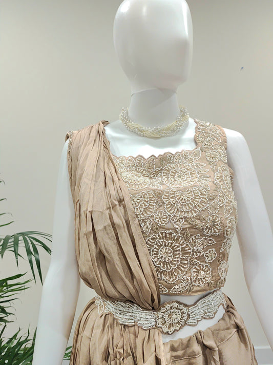 Beige Pure Fabric Ready-to-Wear Saree with Belt | Cut Dana Work
