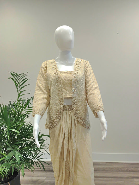 Beige Crepe Silk Dhoti Skirt with Crop Top & Jacket | Zardosi & Pearl Work