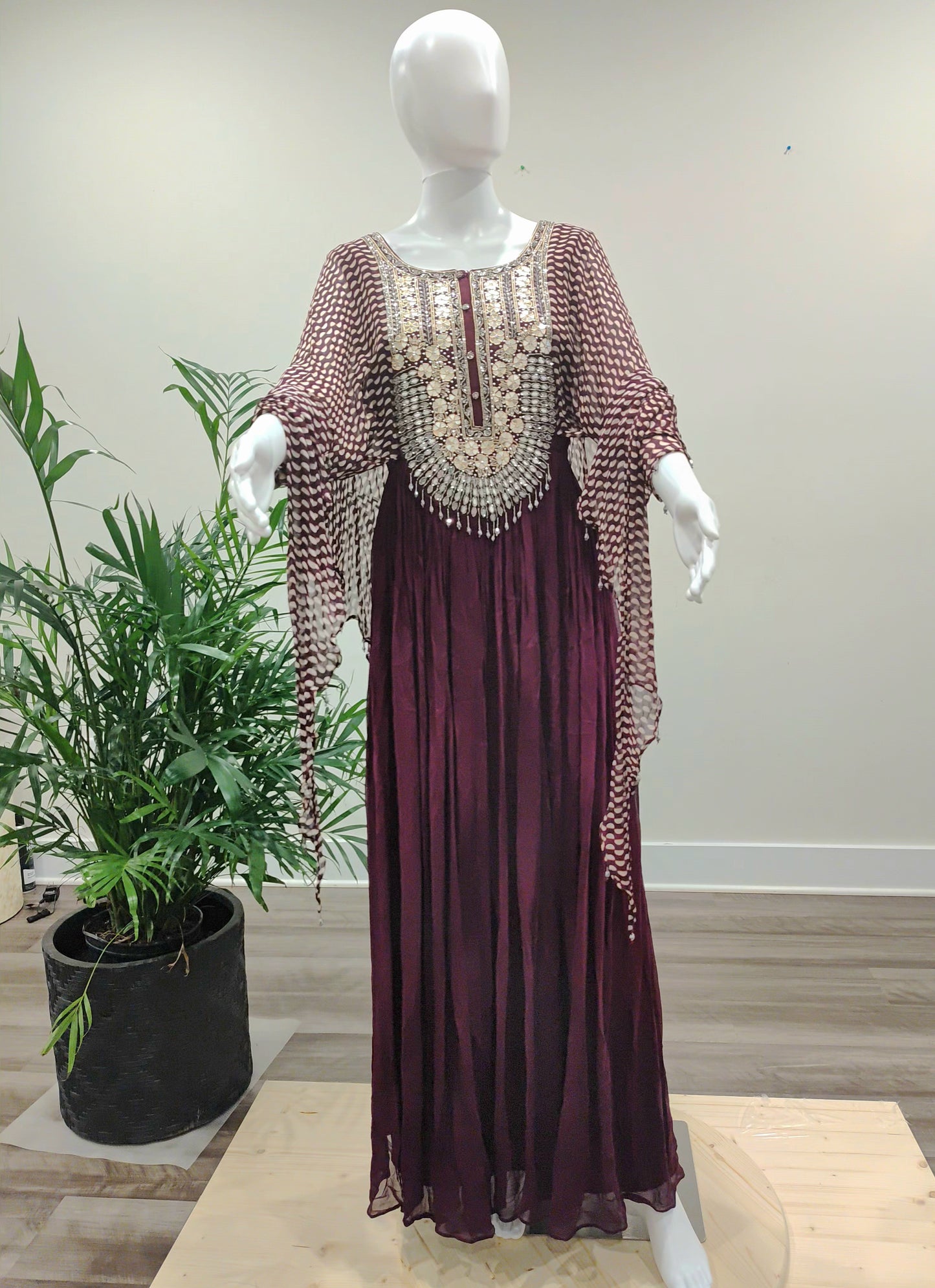 Dark Wine Georgette Long Gown with Falling Sleeves | Gota Patti & Zarkan Work