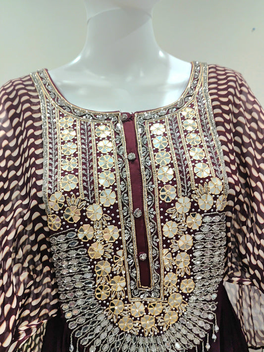 Dark Wine Georgette Long Gown with Falling Sleeves | Gota Patti & Zarkan Work
