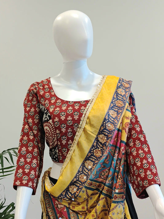 Ajrak Print Chaniya Choli with Mirror Work Dupatta | Black & Maroon