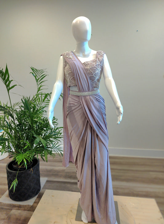 Lavender Ready-to-Wear Saree with Pearl & Cut Dana Work | Lycra Silk Mix