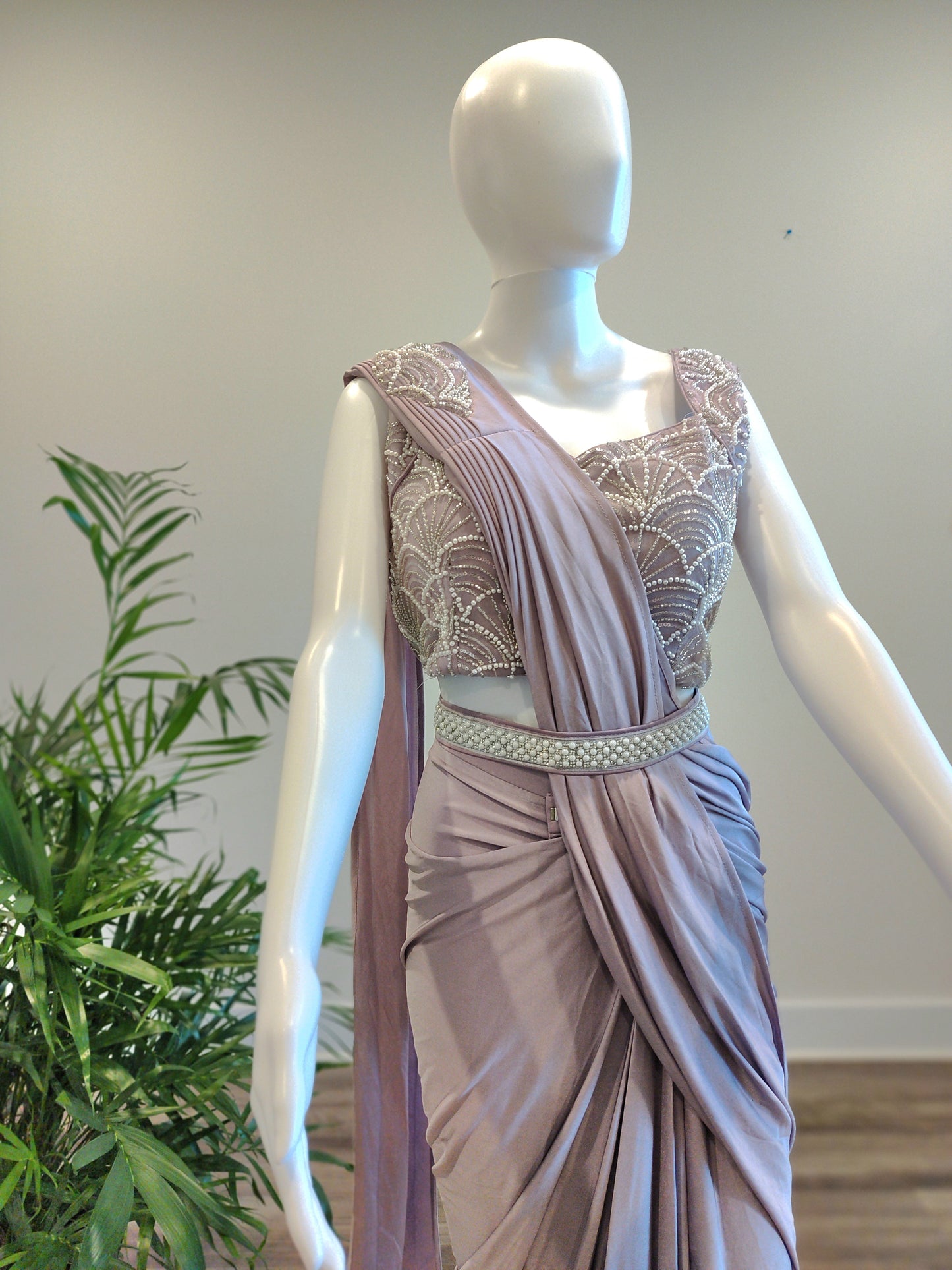 Lavender Ready-to-Wear Saree with Pearl & Cut Dana Work | Lycra Silk Mix