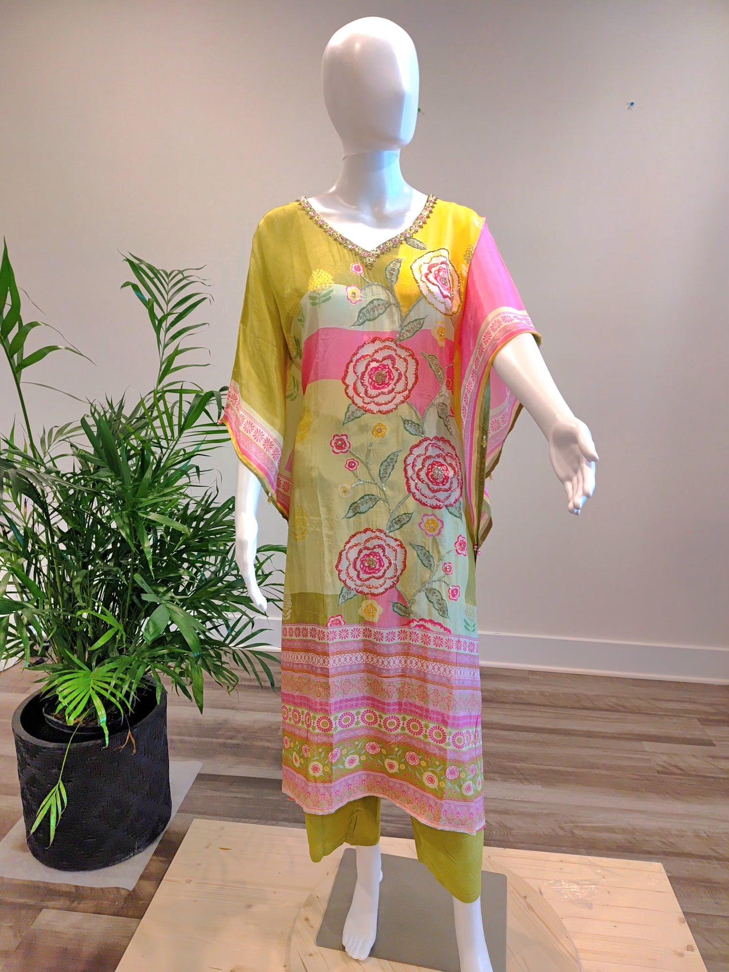 Soft Green Kaftan with Cut Dana & Zardosi Work | Crepe Silk Set with Liner & Pant