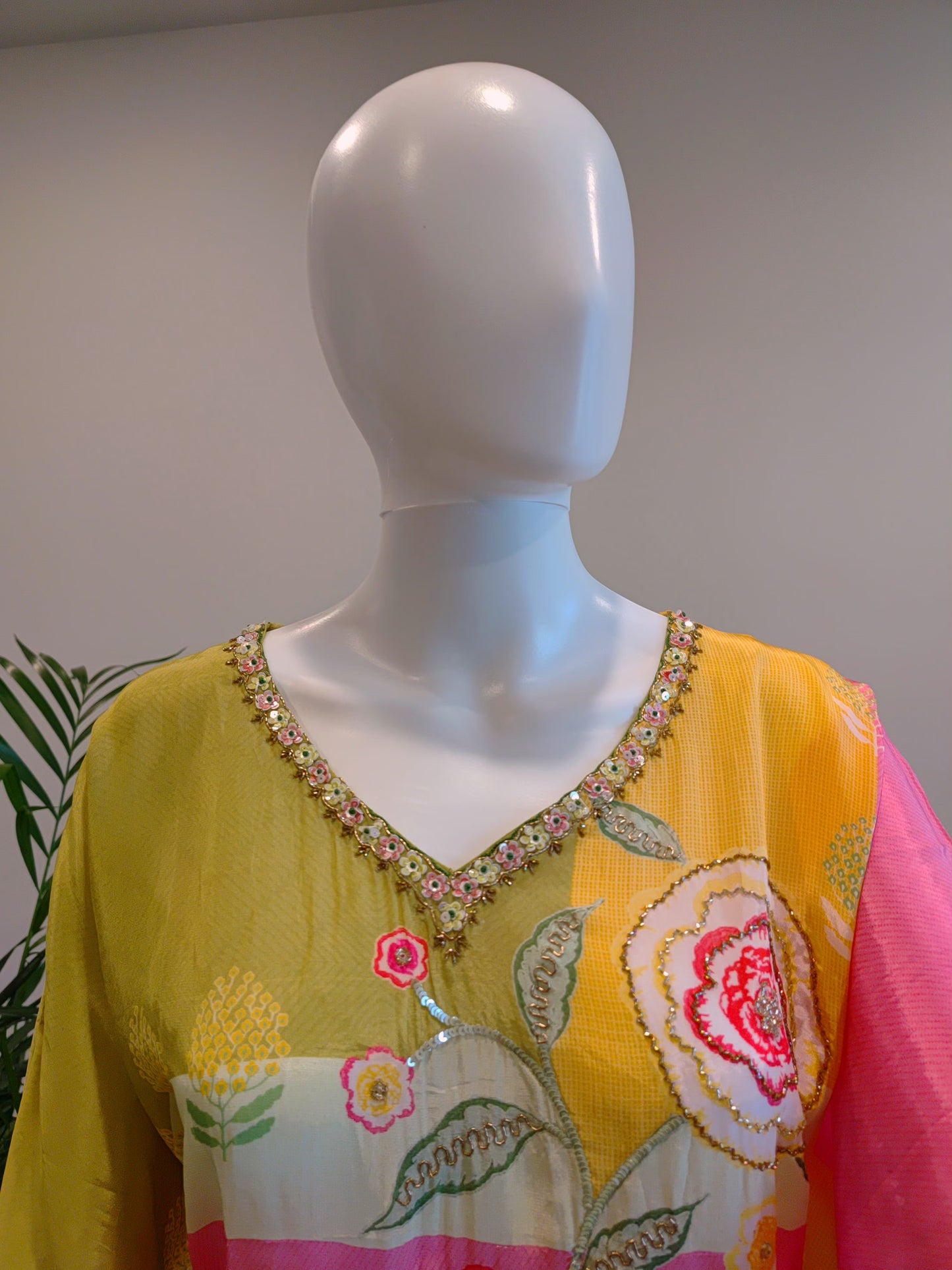 Soft Green Kaftan with Cut Dana & Zardosi Work | Crepe Silk Set with Liner & Pant