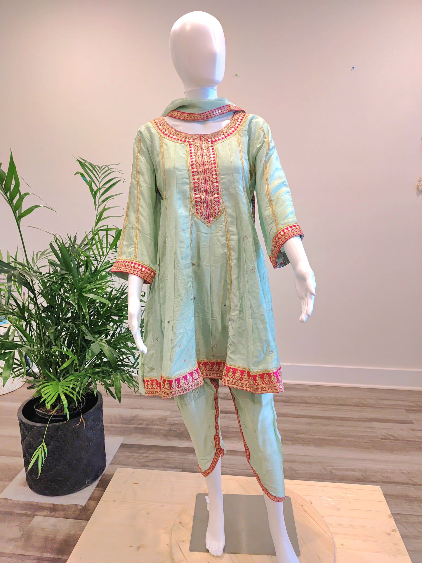 Light Green Silk Frock-Style Kurti with Dhoti Pant & Dupatta | Zari & Real Mirror Work