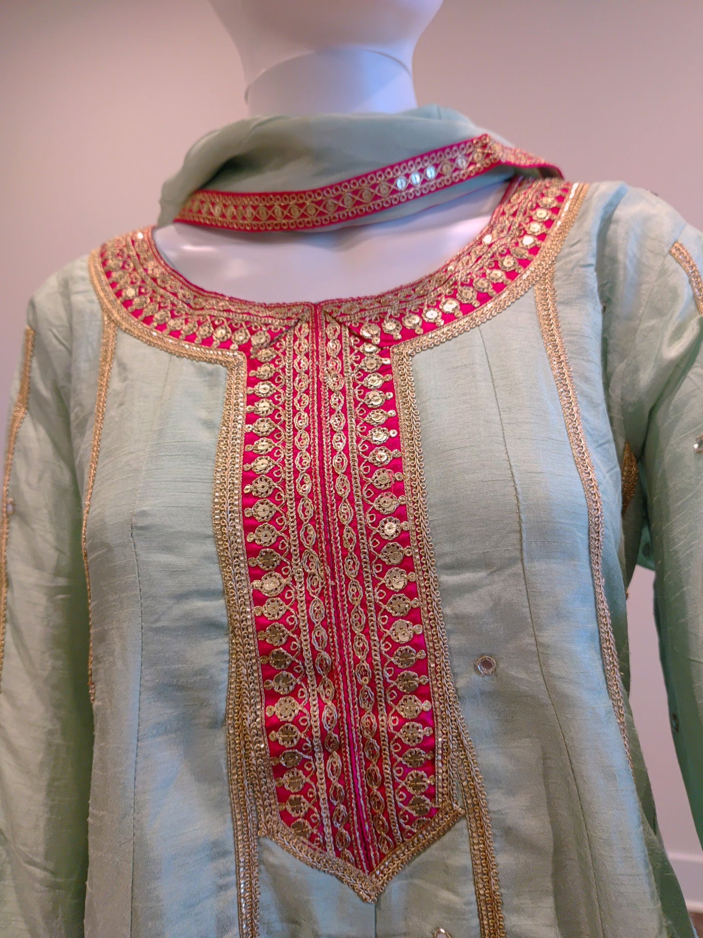 Light Green Silk Frock-Style Kurti with Dhoti Pant & Dupatta | Zari & Real Mirror Work
