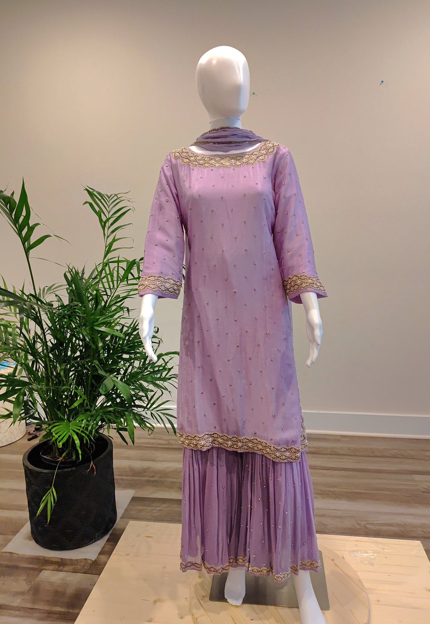 Dark Lavender Chiffon Kurti with Garara Pant & Dupatta | Bead & Zari Work