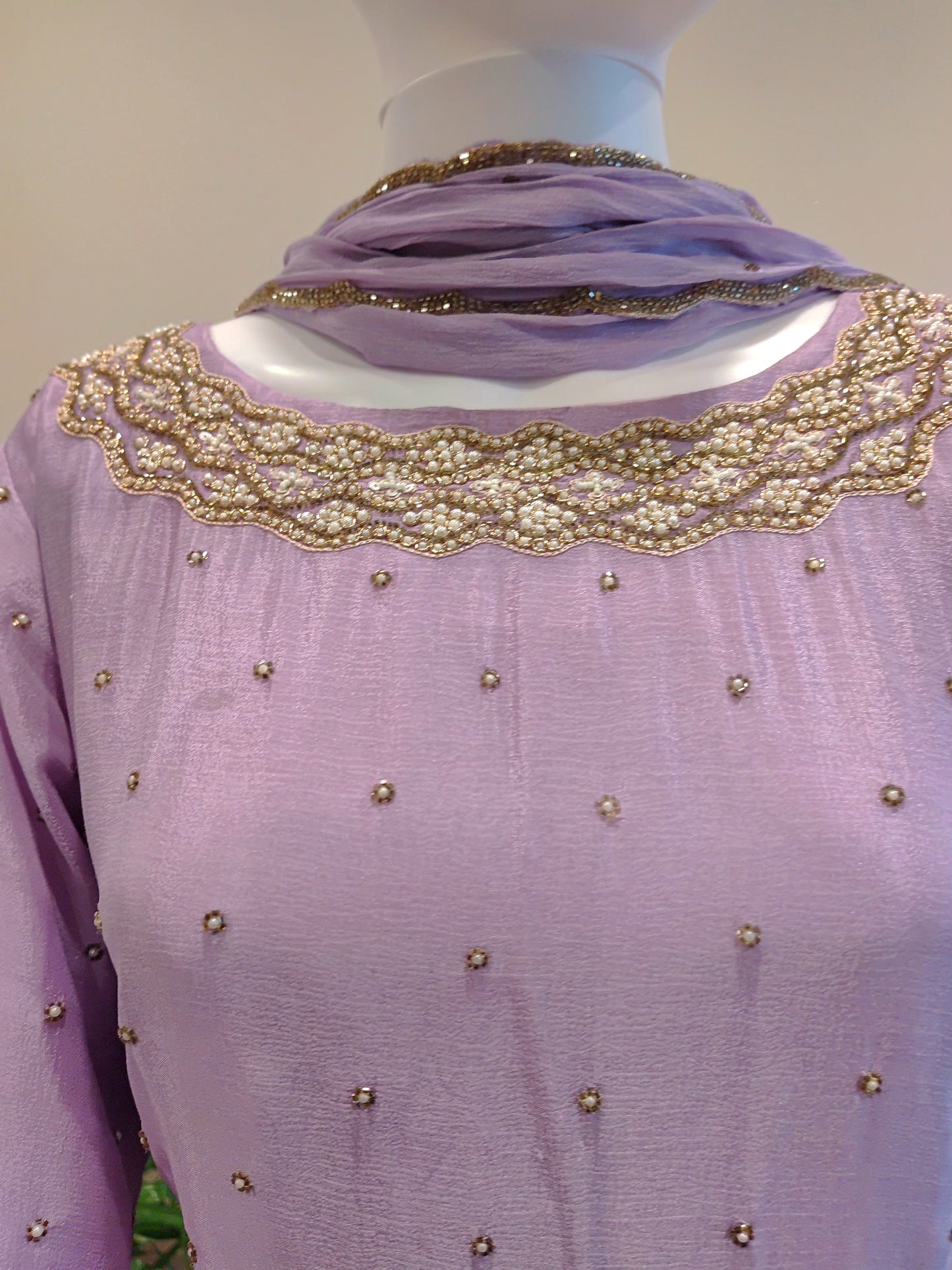 Dark Lavender Chiffon Kurti with Garara Pant & Dupatta | Bead & Zari Work