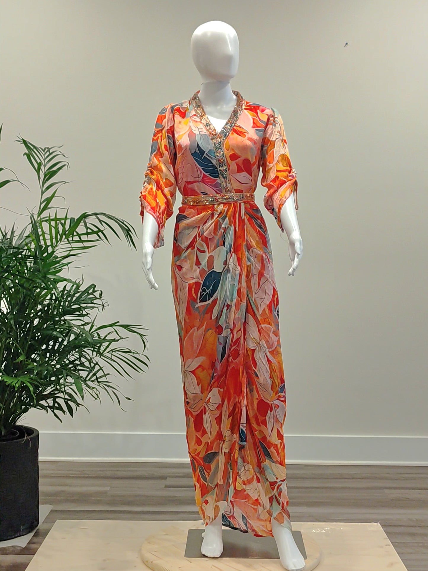 Orange Floral Indowestern Dress | Chiffon Base