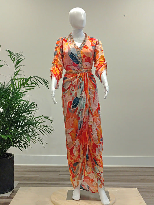 Orange Floral Indowestern Dress | Chiffon Base