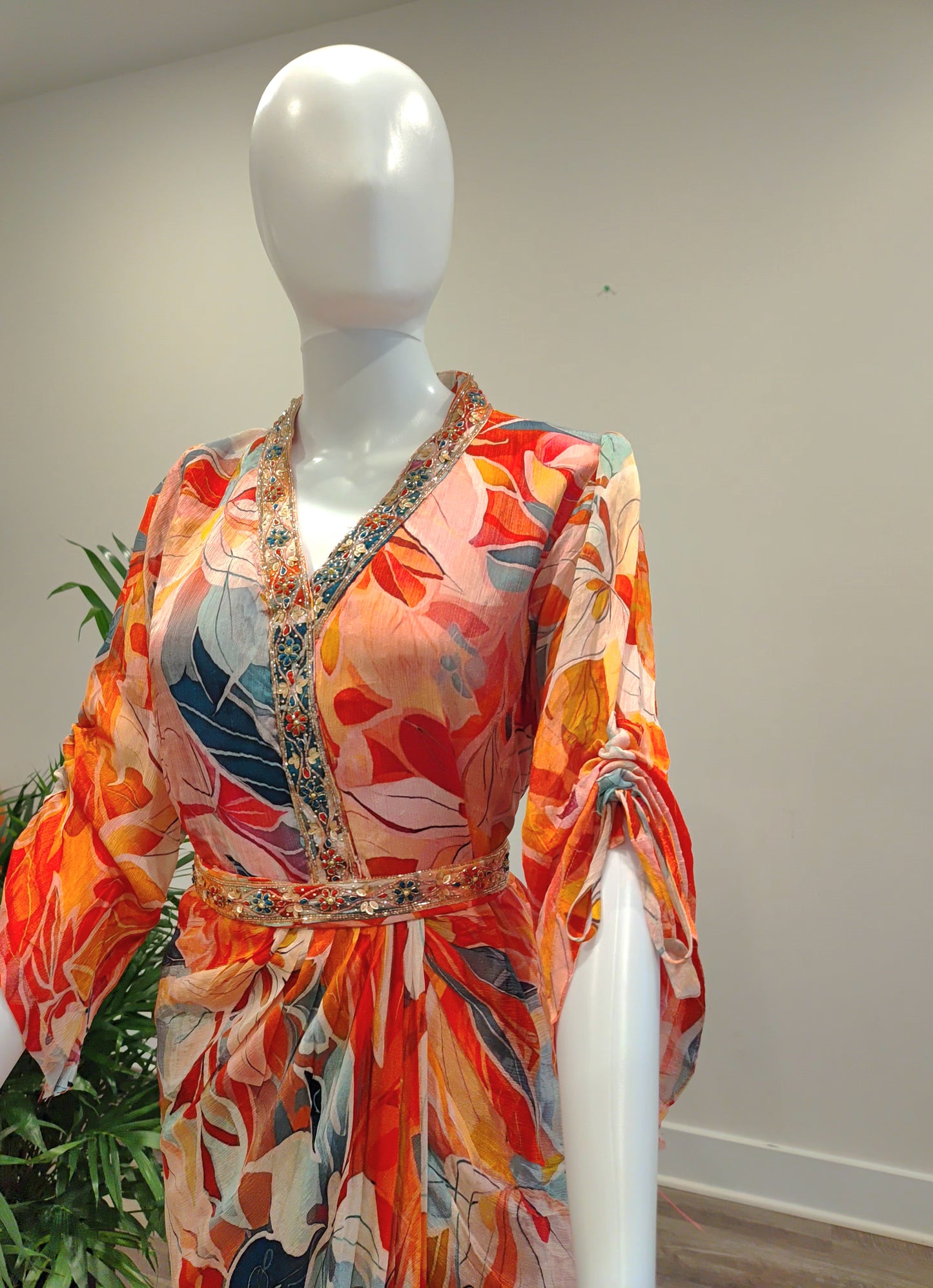 Orange Floral Indowestern Dress | Chiffon Base