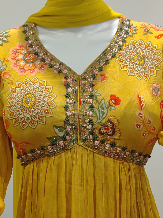 Yellow Floral Chiffon Long Gown with Zarkan Work