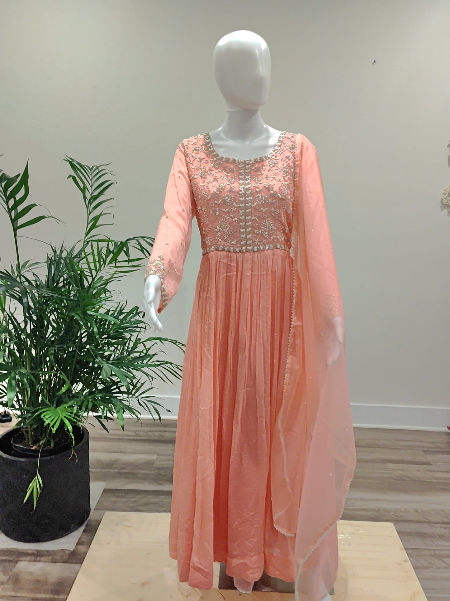 Bright Pink Chiffon Long Gown with Zarkan Front Work