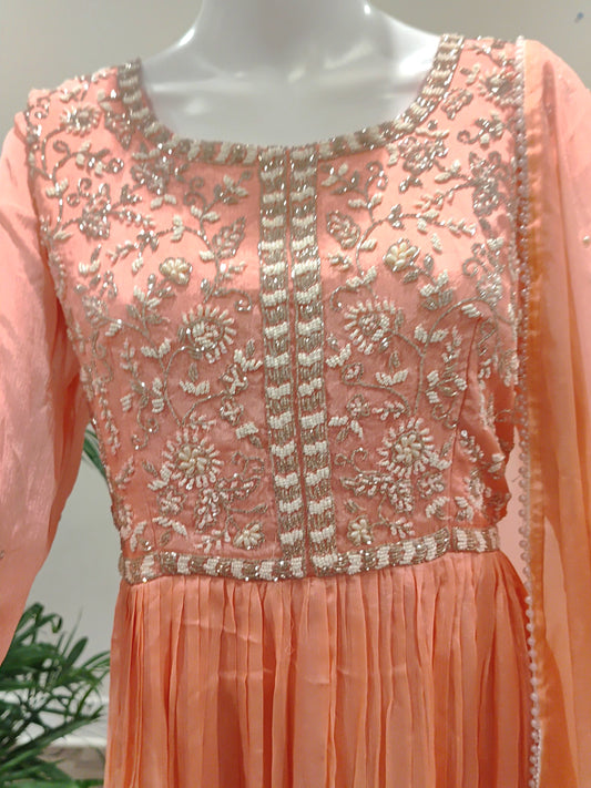 Bright Pink Chiffon Long Gown with Zarkan Front Work