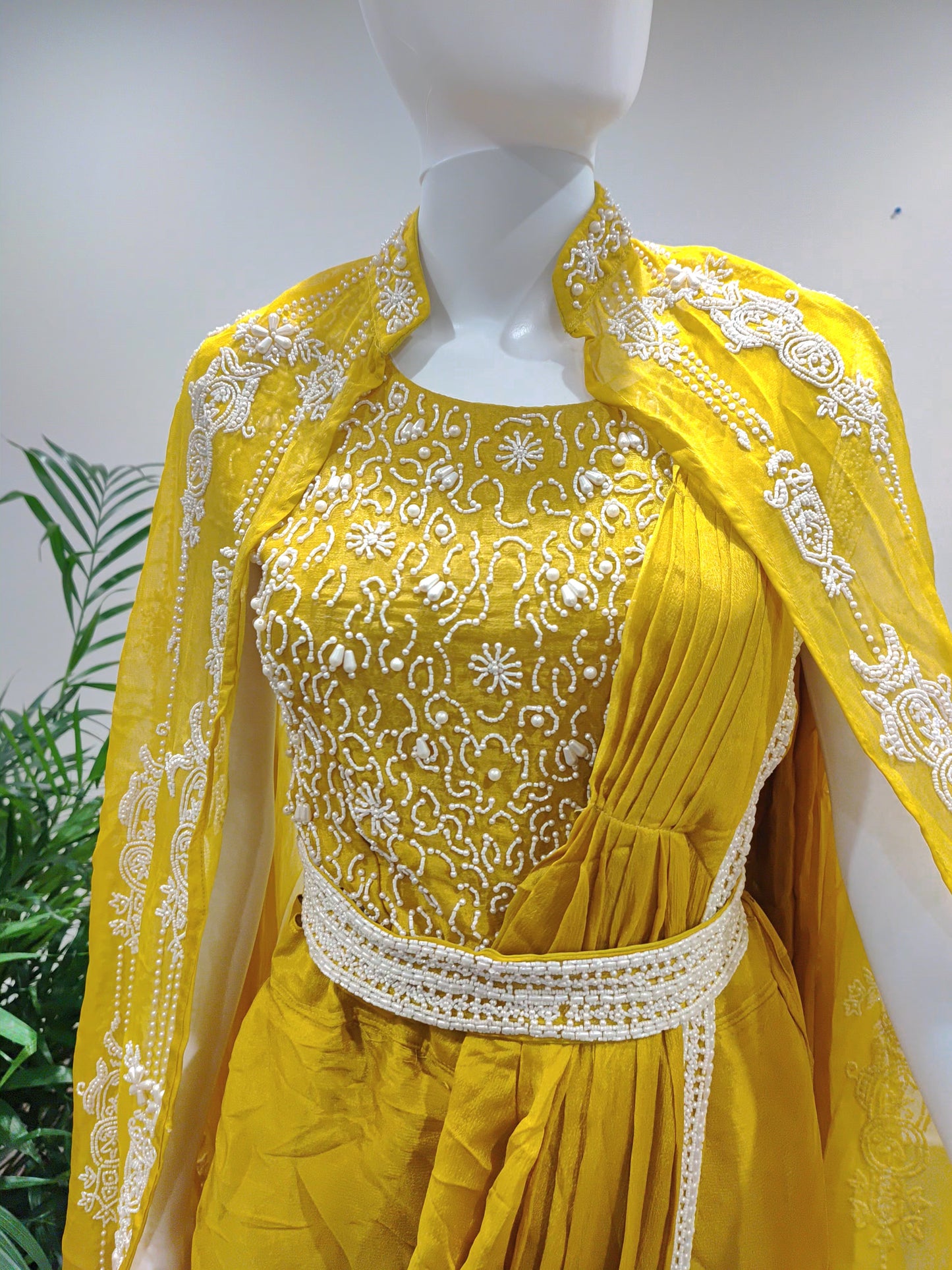 Yellow Organza Ready-to-Wear Saree with Belt & Cape | Pearl Work Detailing