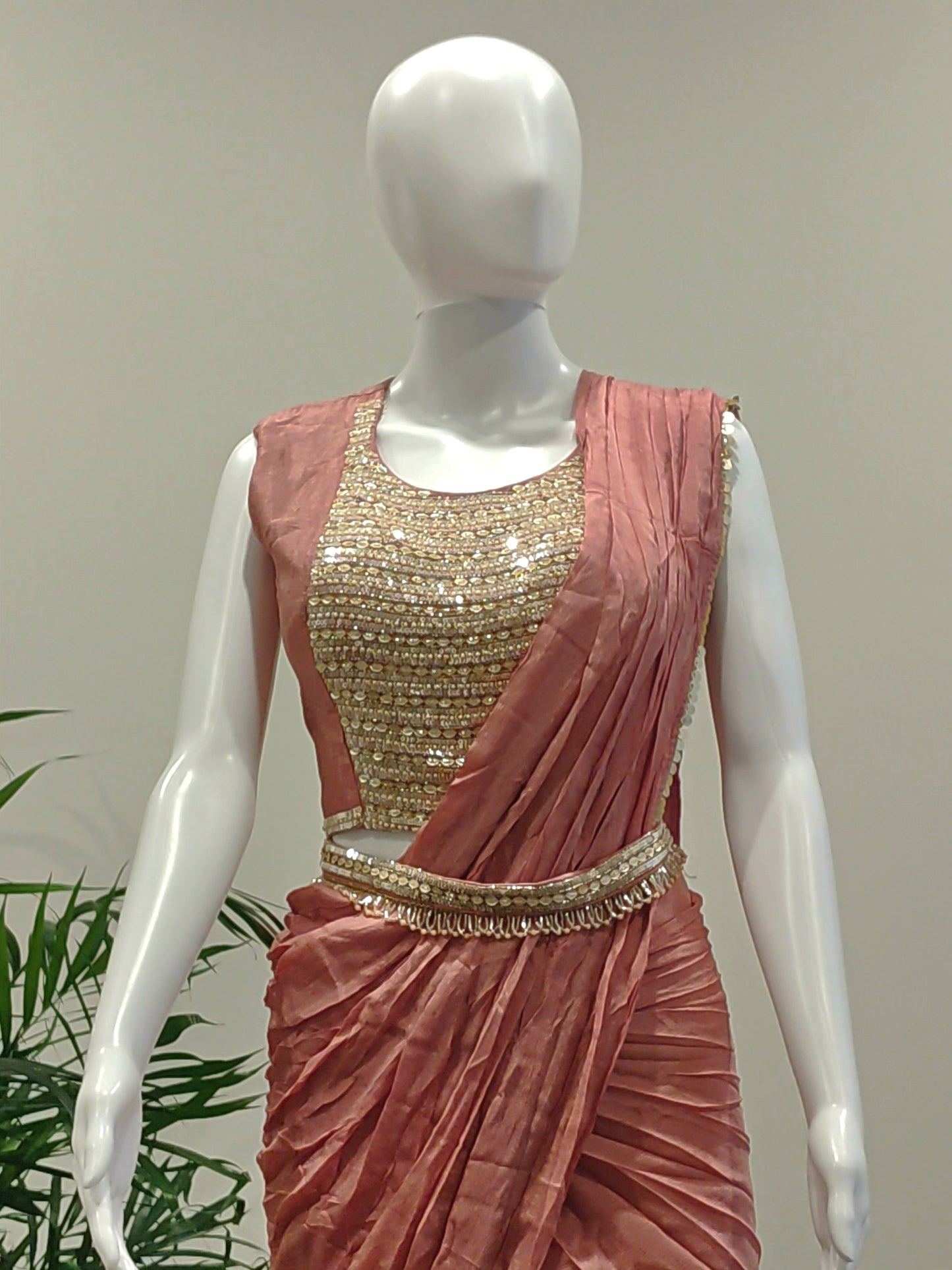 Peach Georgette Ready-to-Wear Saree | Organza Shrug & Zarkan Work