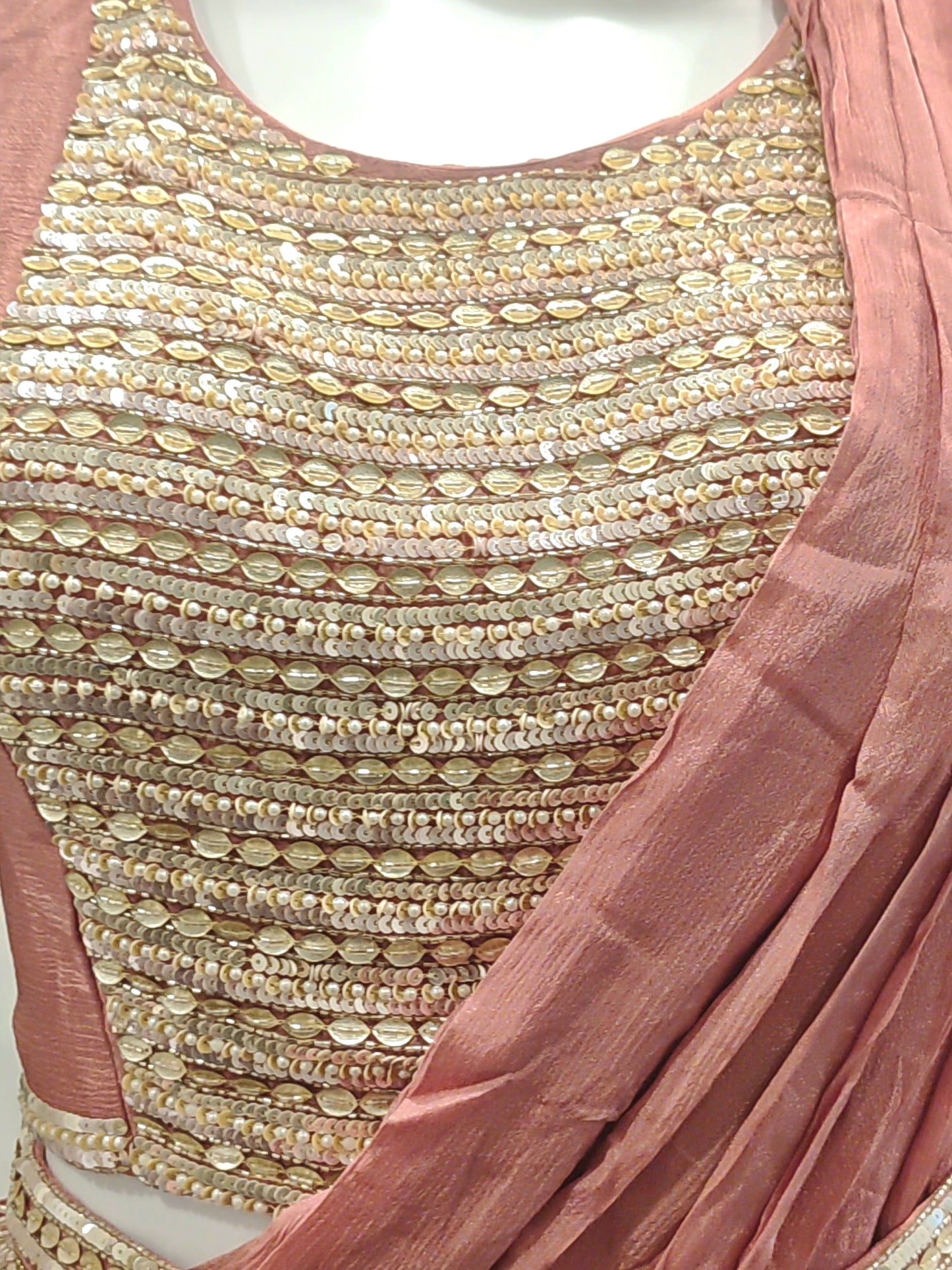 Peach Georgette Ready-to-Wear Saree | Organza Shrug & Zarkan Work