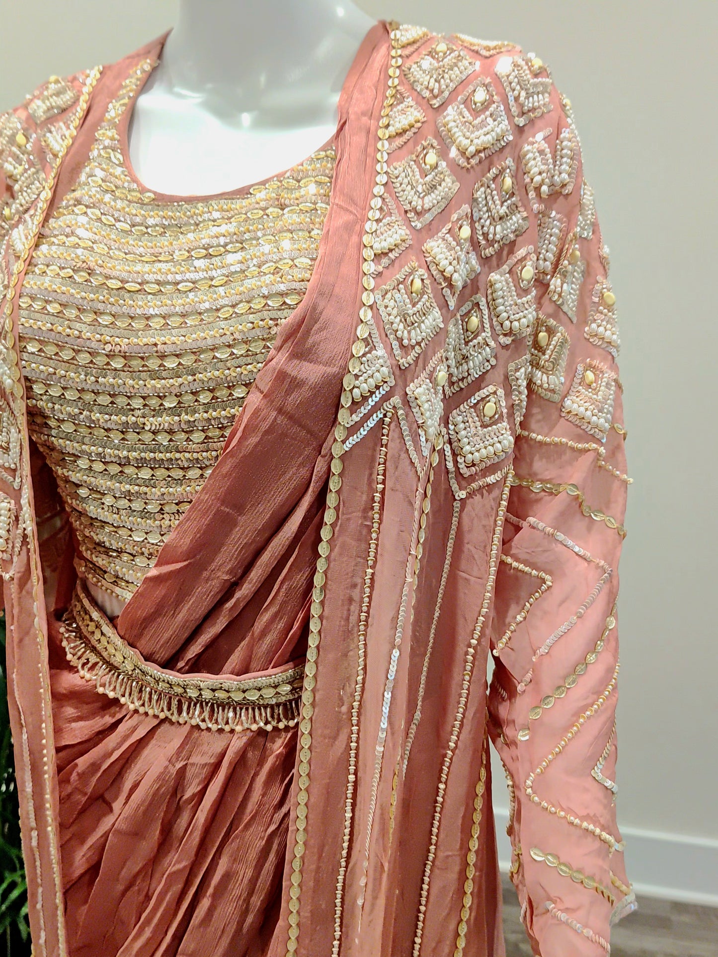 Peach Georgette Ready-to-Wear Saree | Organza Shrug & Zarkan Work