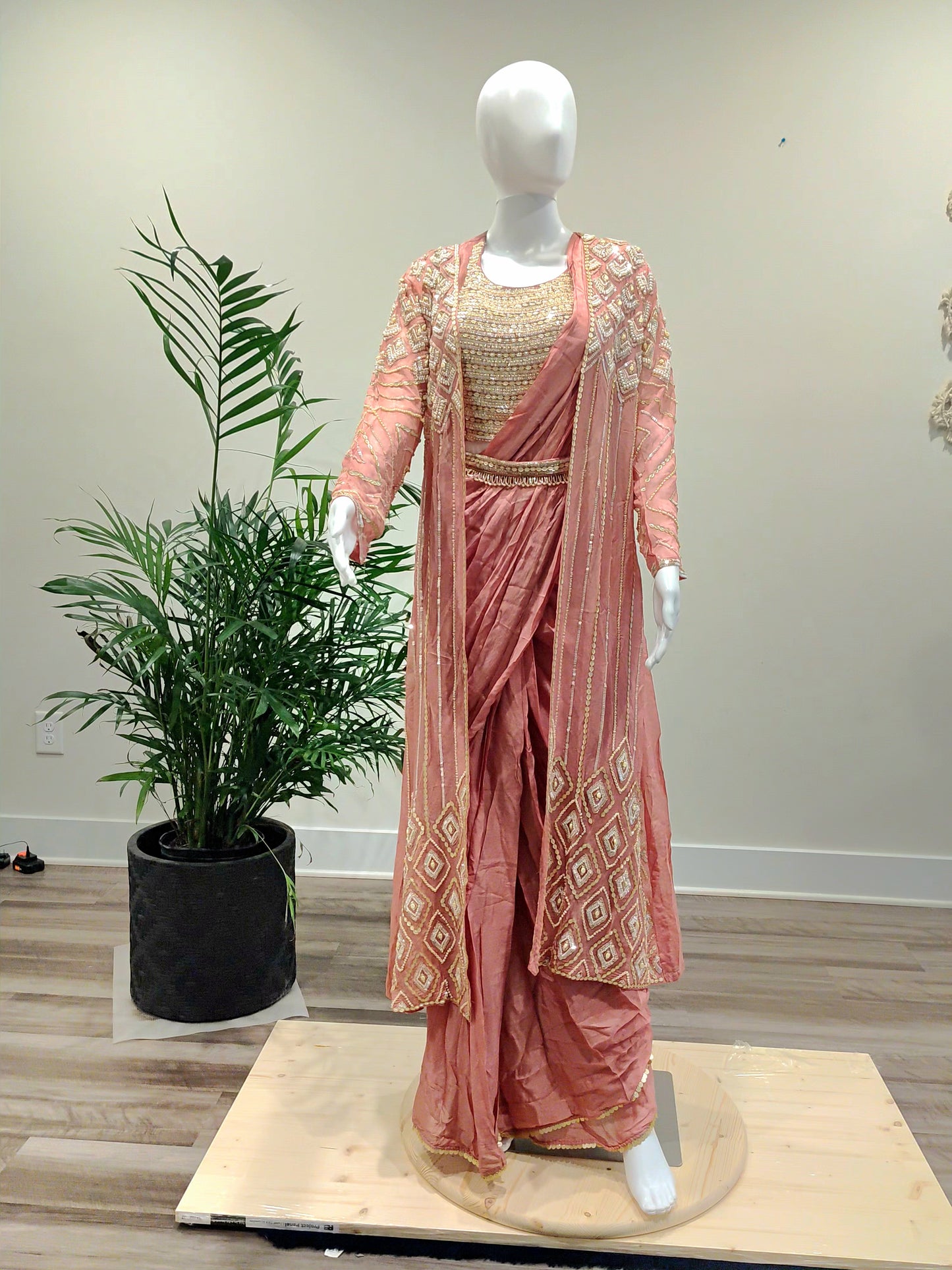 Peach Georgette Ready-to-Wear Saree | Organza Shrug & Zarkan Work