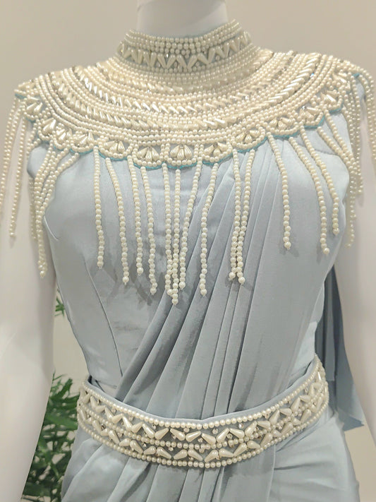 Sky Blue Lycra Ready-to-Wear Saree with Pearl Work Blouse & Belt