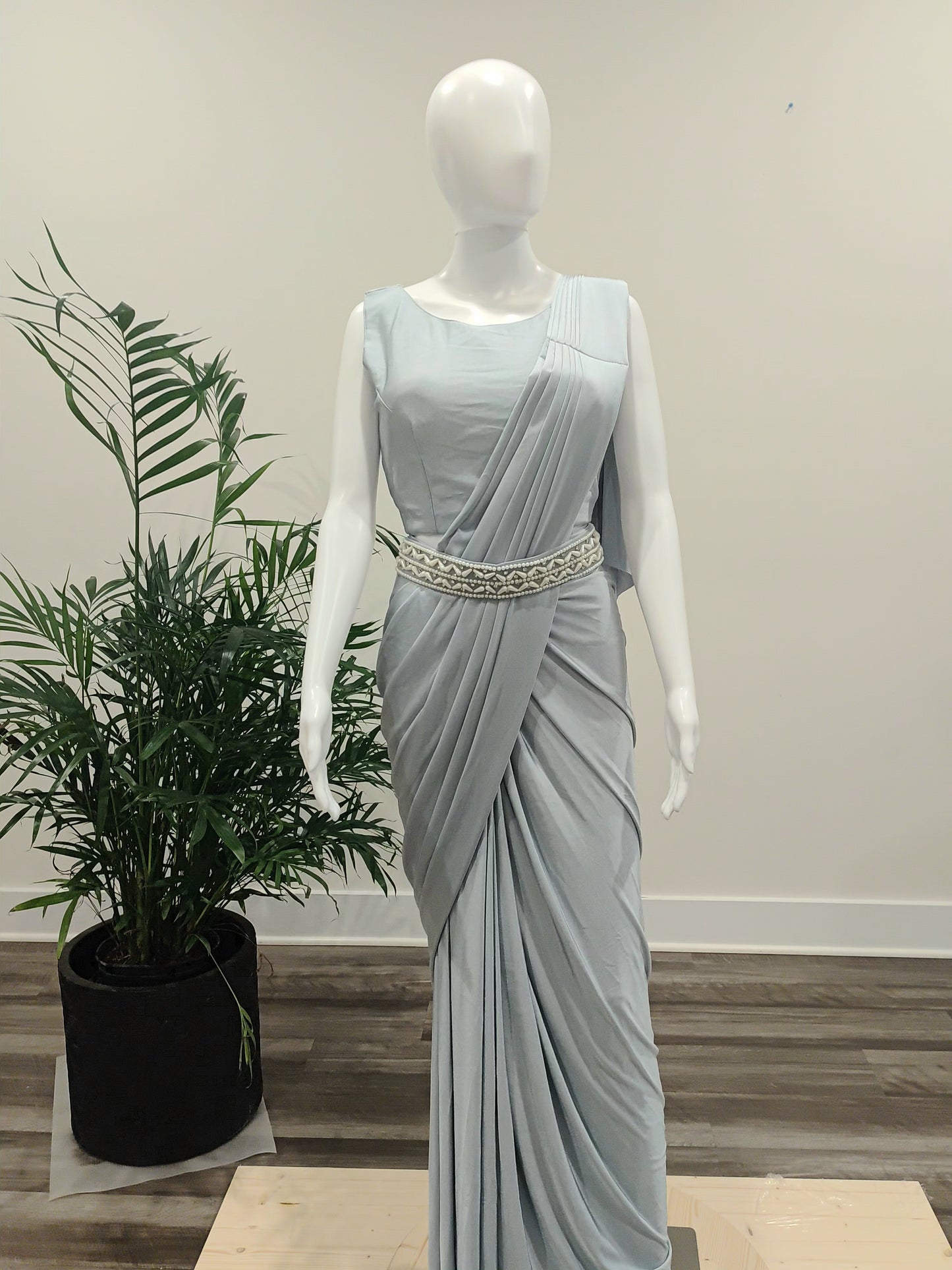 Sky Blue Lycra Ready-to-Wear Saree with Pearl Work Blouse & Belt