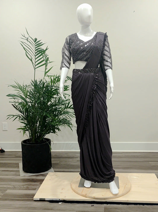 Dark Wine Lycra Ready-to-Wear Saree with Glass Bead Work | Long Sleeve Blouse & Belt