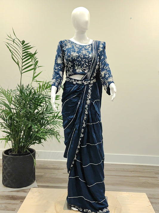 Georgette Ready-to-Wear Saree with All-Over Zarkan Work | Long Sleeve Blouse (Size 44)