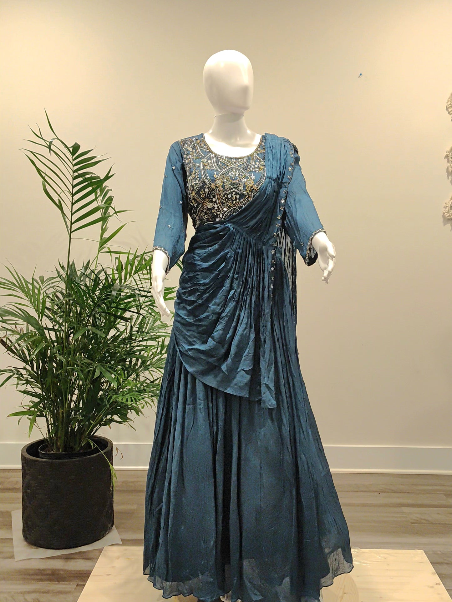 Georgette Lehenga with Attached Dupatta & Long-Sleeve Blouse | Golden Zarkan Work