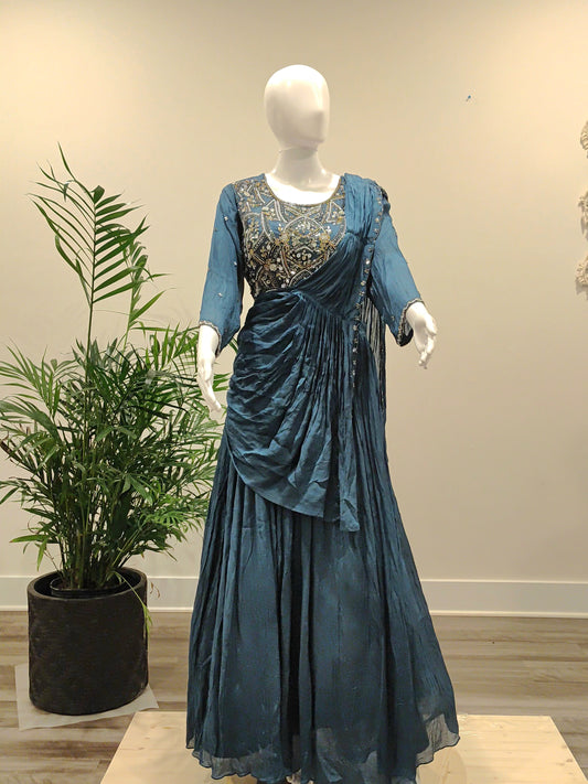 Georgette Lehenga with Attached Dupatta & Long-Sleeve Blouse | Golden Zarkan Work