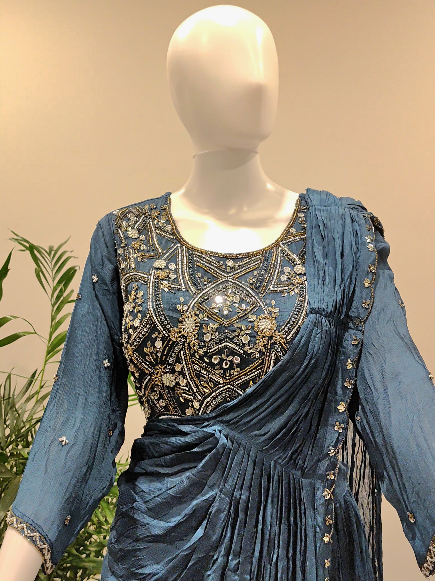 Georgette Lehenga with Attached Dupatta & Long-Sleeve Blouse | Golden Zarkan Work