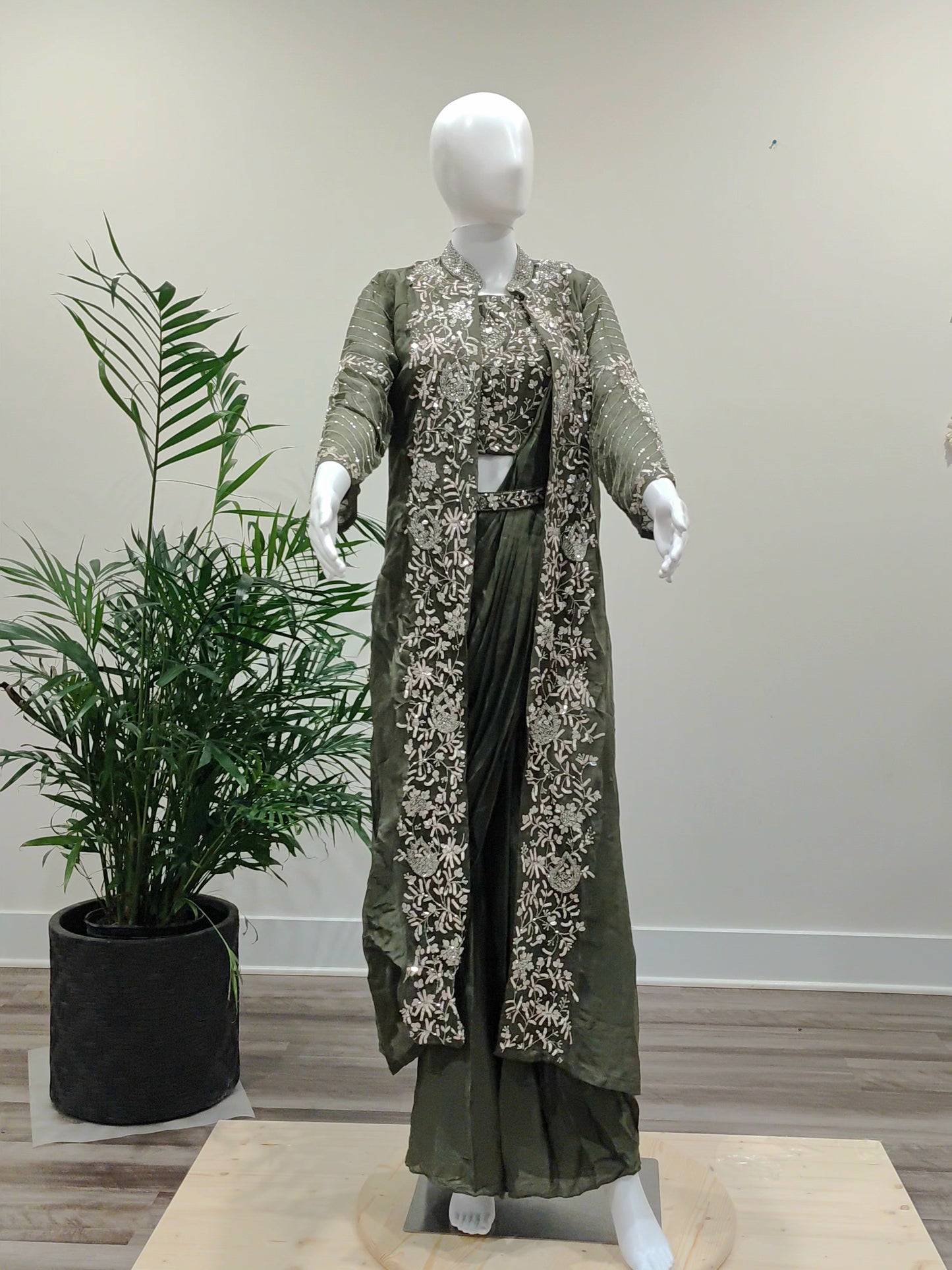 Mehndi Green Georgette Ready-to-Wear Saree | Organza Shrug & Zarkan Work