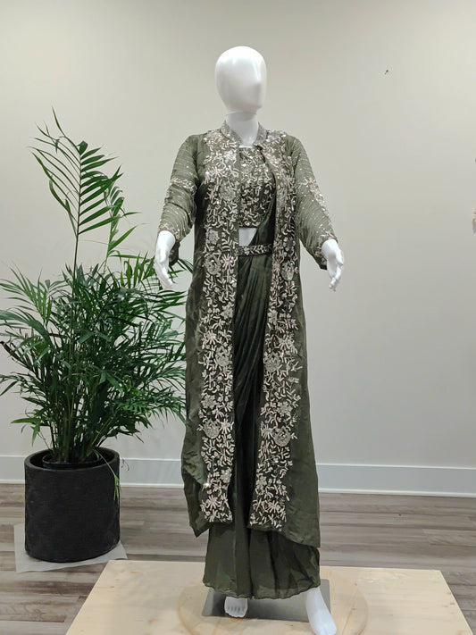 Mehndi Green Georgette Ready-to-Wear Saree | Organza Shrug & Zarkan Work