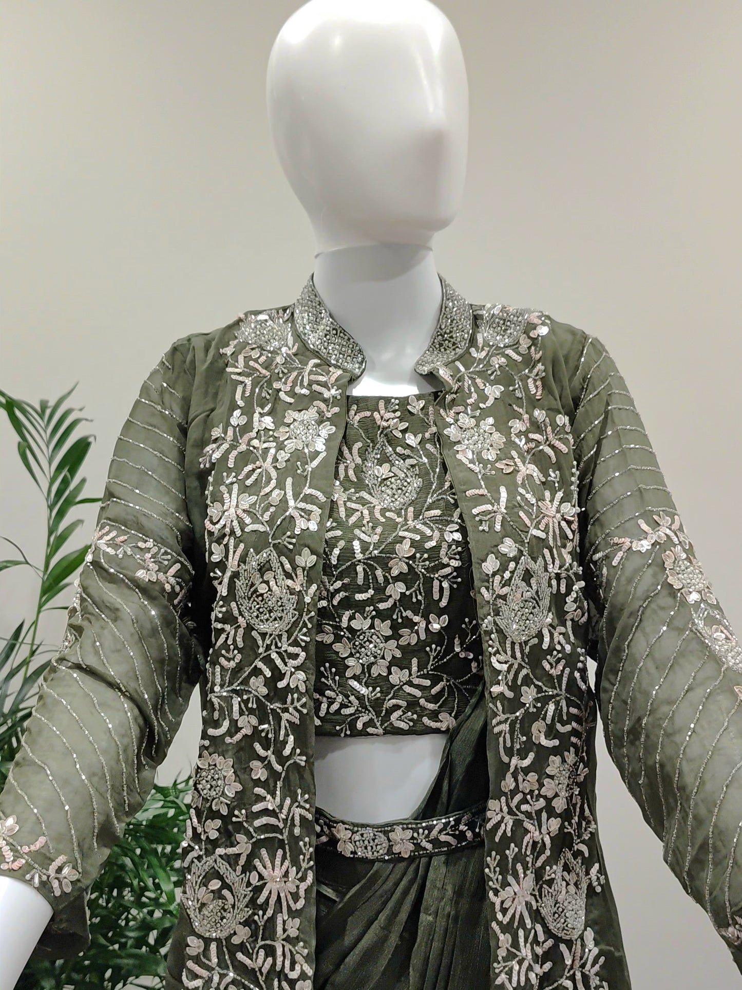 Mehndi Green Georgette Ready-to-Wear Saree | Organza Shrug & Zarkan Work