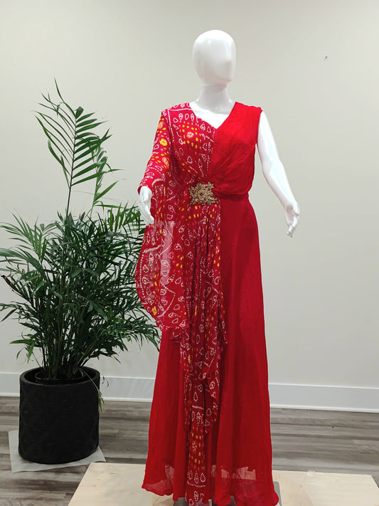 Georgette Long Gown with Bandhani Print & Zardosi Patch | Size L